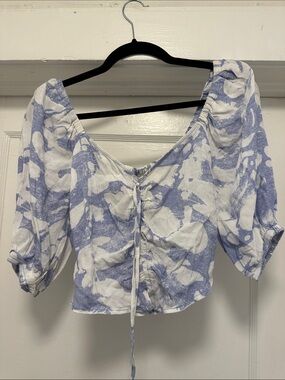 Blue and White Tie-Front Puff Sleeve Crop Top